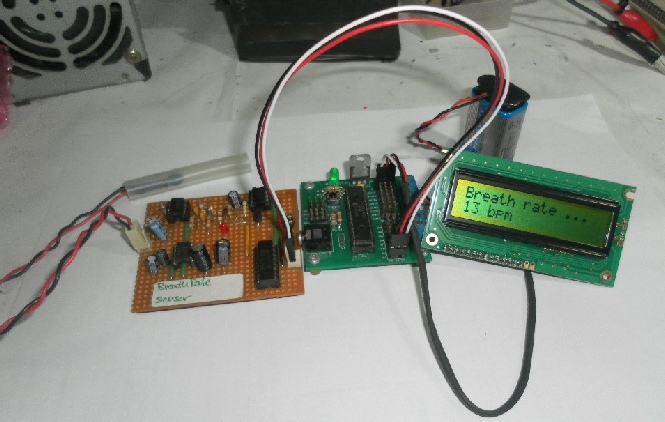 Breath Rate Sensor Board with Thermistor, M28 PICAXE and LCD display.